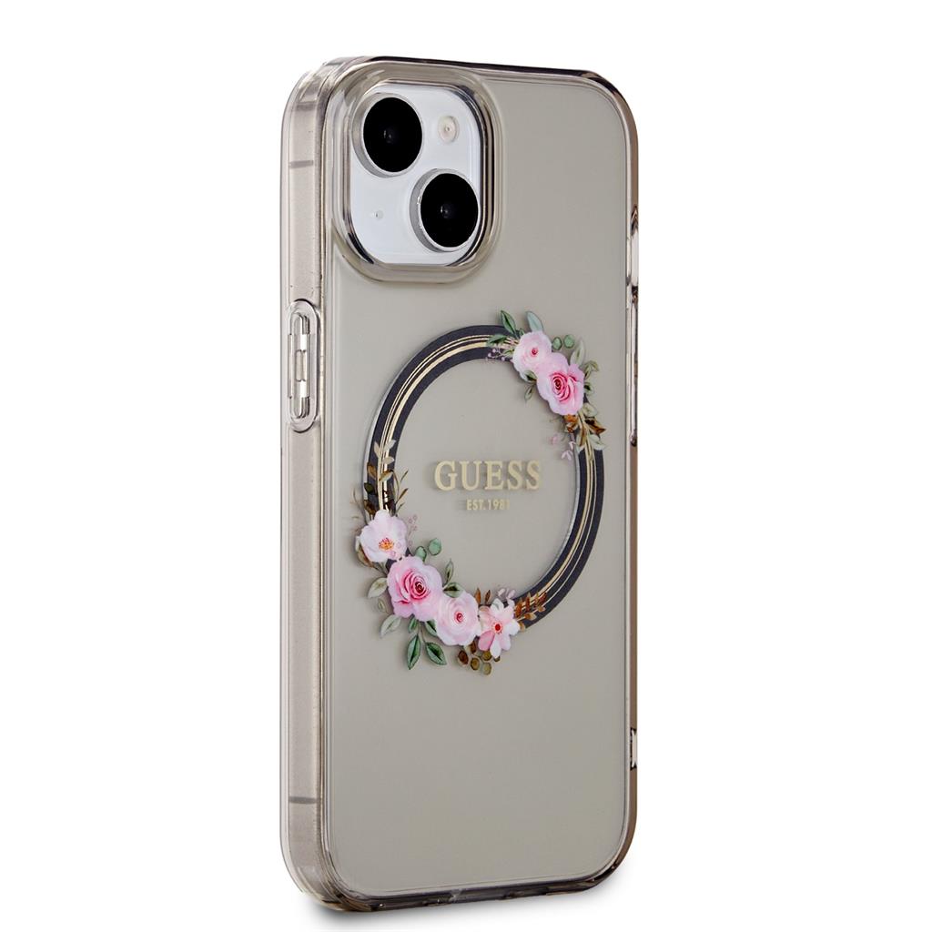 Apple iPhone 15 Guess Flowers Ring MagSafe tok (Fekete) - GUHMP15SHFWFCK