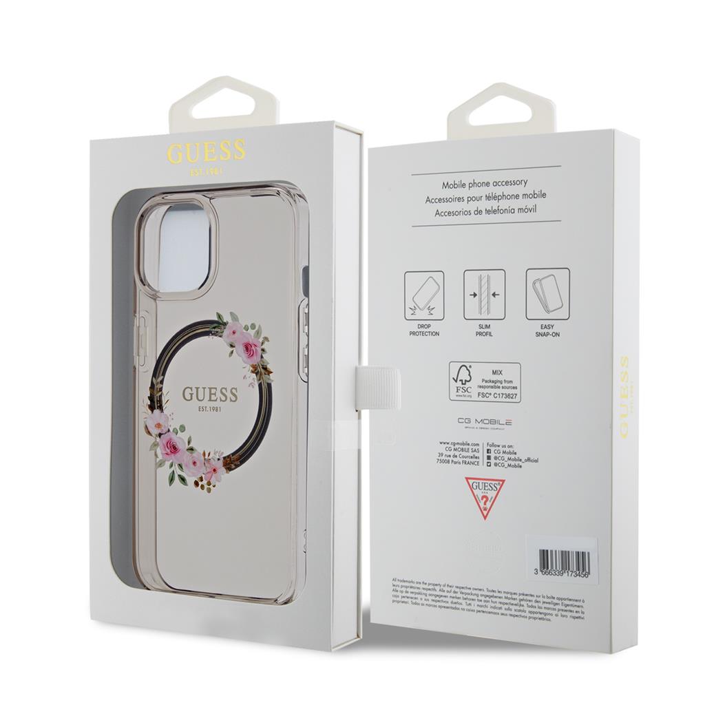 Apple iPhone 15 Guess Flowers Ring MagSafe tok (Fekete) - GUHMP15SHFWFCK