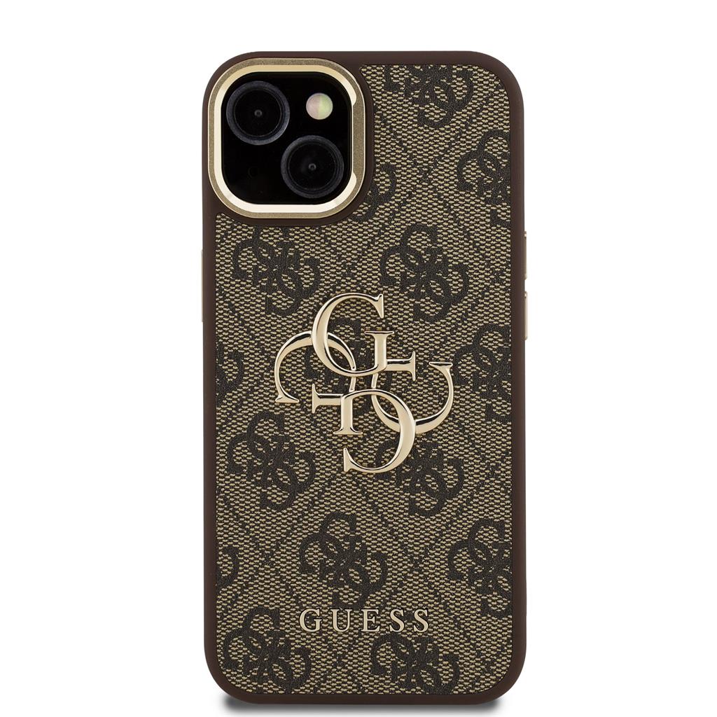 Apple iPhone 15 Guess PU 4G Metal Logo Stand Camera Frame tok (Barna) - GUHCP15SPCS4GP4W