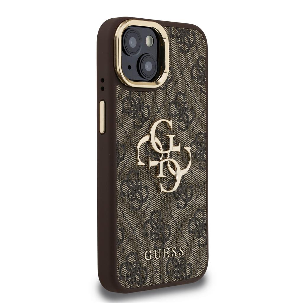 Apple iPhone 15 Guess PU 4G Metal Logo Stand Camera Frame tok (Barna) - GUHCP15SPCS4GP4W