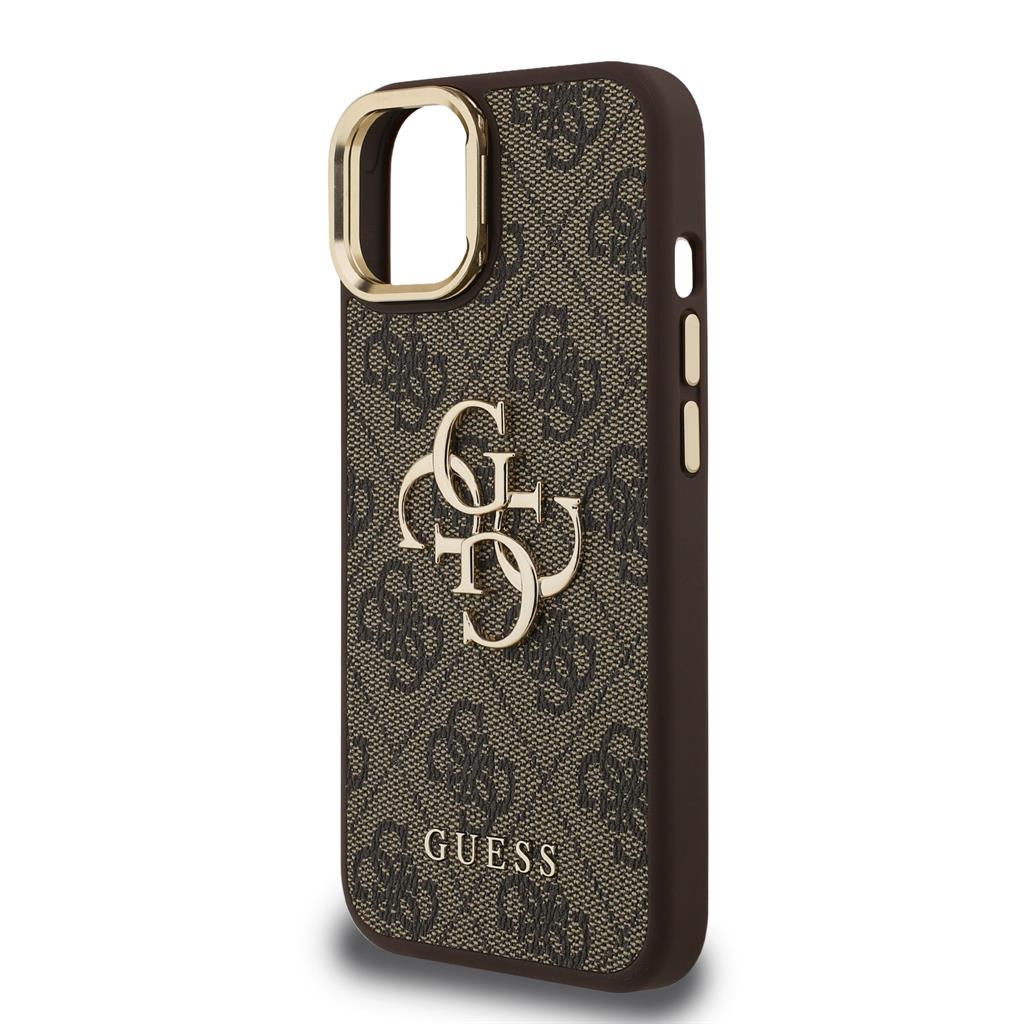 Apple iPhone 15 Guess PU 4G Metal Logo Stand Camera Frame tok (Barna) - GUHCP15SPCS4GP4W