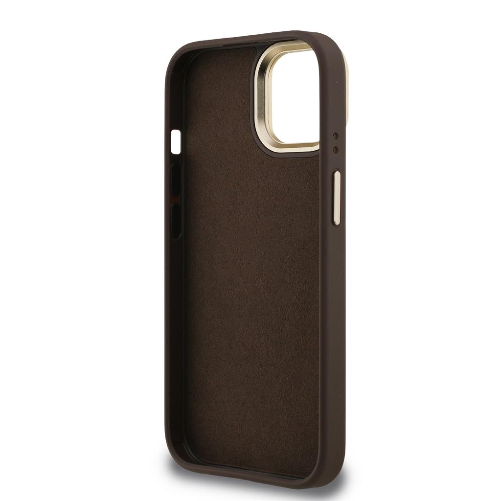 Apple iPhone 15 Guess PU 4G Metal Logo Stand Camera Frame tok (Barna) - GUHCP15SPCS4GP4W