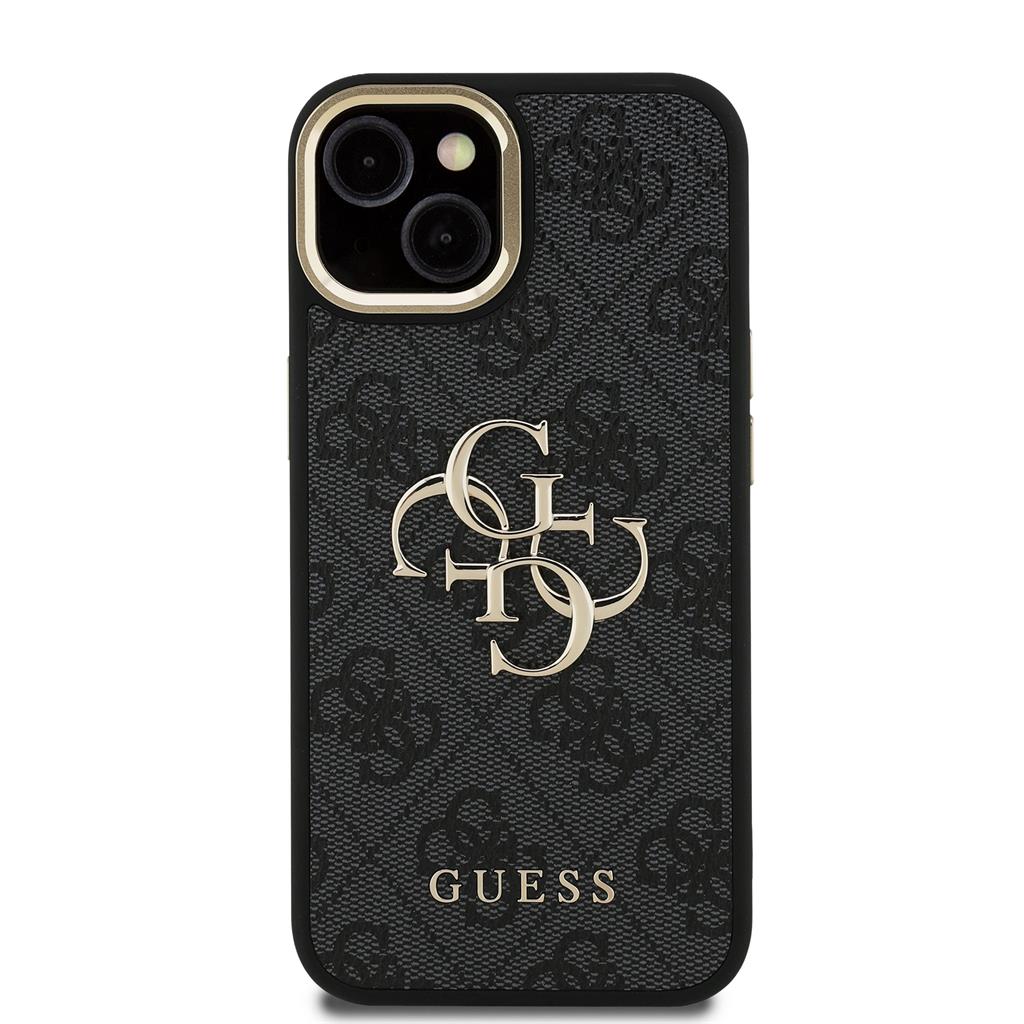 Apple iPhone 15 Guess PU 4G Metal Logo Stand Camera Frame tok (Fekete) - GUHCP15SPCS4GP4K