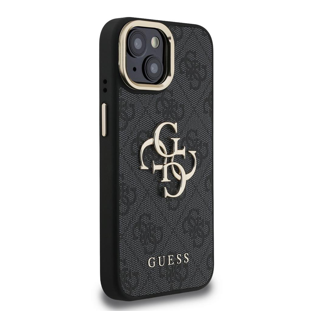 Apple iPhone 15 Guess PU 4G Metal Logo Stand Camera Frame tok (Fekete) - GUHCP15SPCS4GP4K