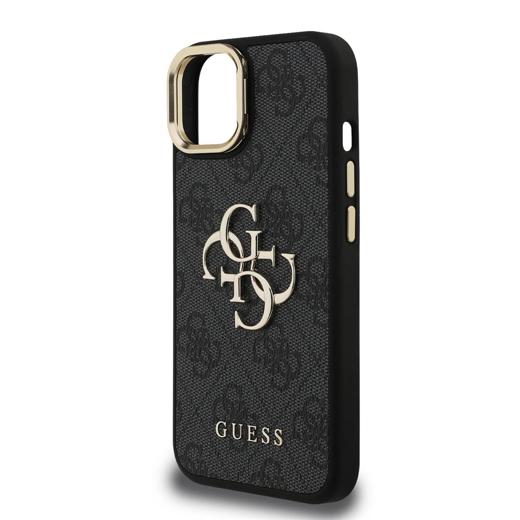 Apple iPhone 15 Guess PU 4G Metal Logo Stand Camera Frame tok (Fekete) - GUHCP15SPCS4GP4K