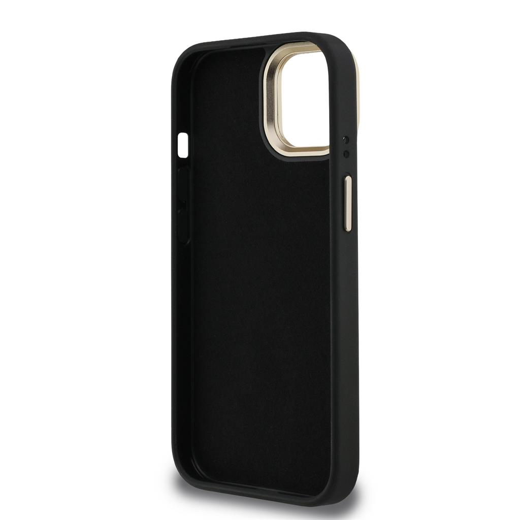 Apple iPhone 15 Guess PU 4G Metal Logo Stand Camera Frame tok (Fekete) - GUHCP15SPCS4GP4K