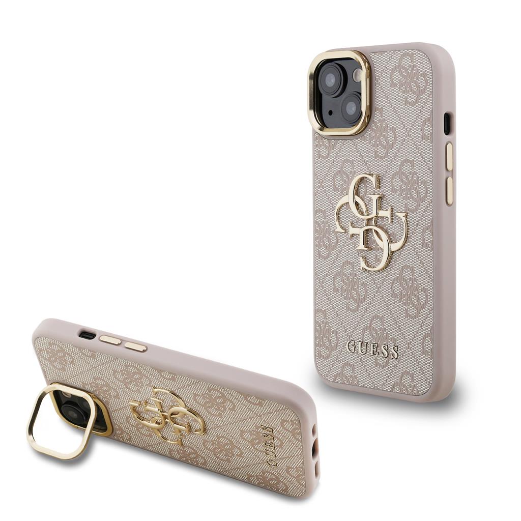 Apple iPhone 15 Guess PU 4G Metal Logo Stand Camera Frame tok (Rózsaszín) - GUHCP15SPCS4GP4P