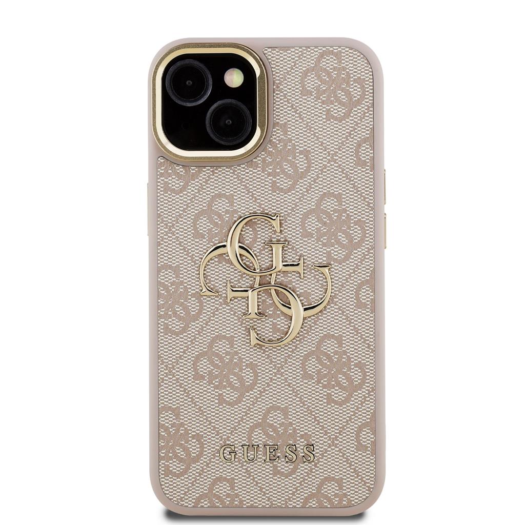 Apple iPhone 15 Guess PU 4G Metal Logo Stand Camera Frame tok (Rózsaszín) - GUHCP15SPCS4GP4P