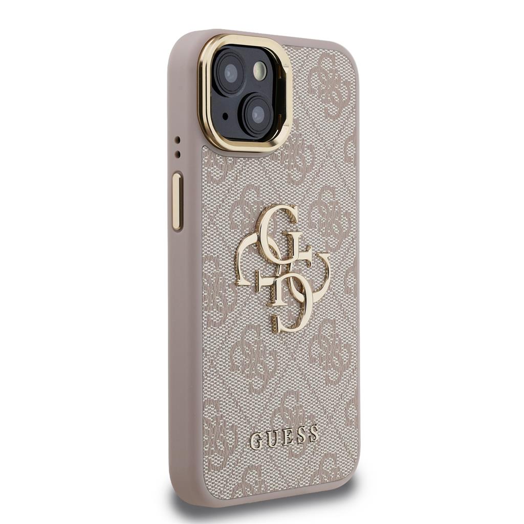Apple iPhone 15 Guess PU 4G Metal Logo Stand Camera Frame tok (Rózsaszín) - GUHCP15SPCS4GP4P