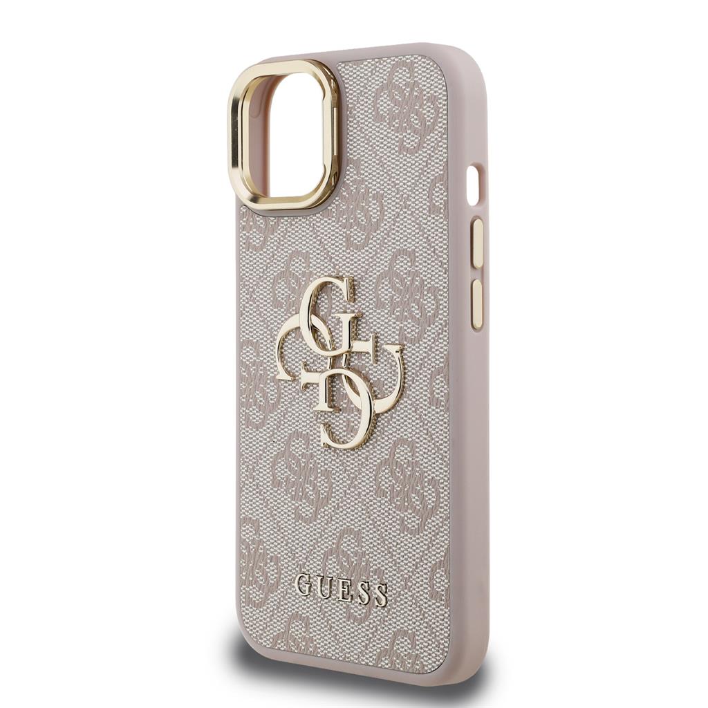 Apple iPhone 15 Guess PU 4G Metal Logo Stand Camera Frame tok (Rózsaszín) - GUHCP15SPCS4GP4P