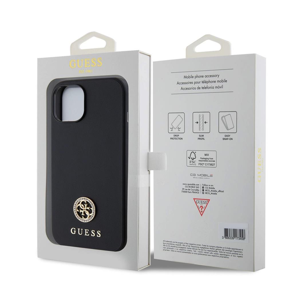 Apple iPhone 15 Guess PU 4G Strass Metal Logo tok (Fekete) - GUHCP15SPS4DGPK