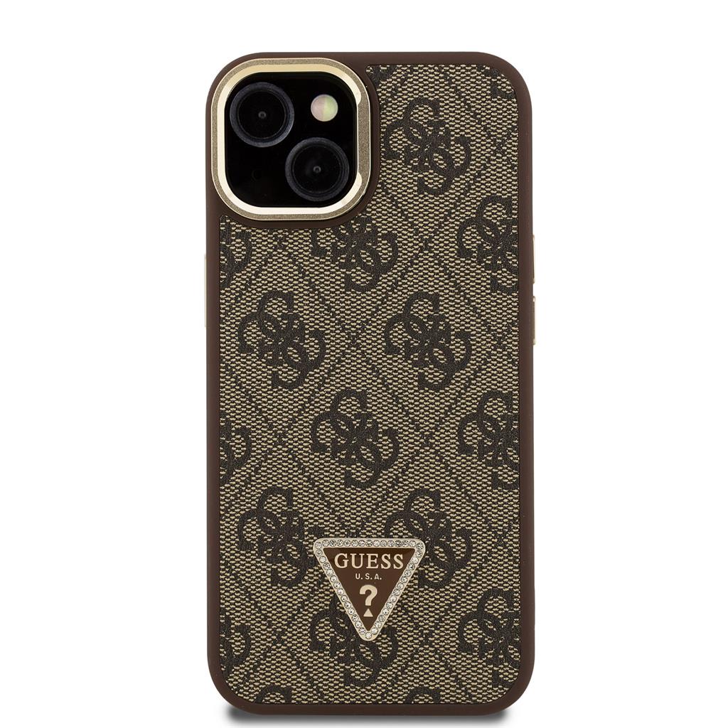 Apple iPhone 15 Guess PU 4G Strass Triangle Logo Stand Camera Frame MagSafe tok (Barna) - GUHMP15SPCS4GPTW