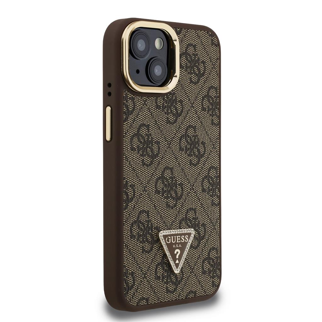Apple iPhone 15 Guess PU 4G Strass Triangle Logo Stand Camera Frame MagSafe tok (Barna) - GUHMP15SPCS4GPTW