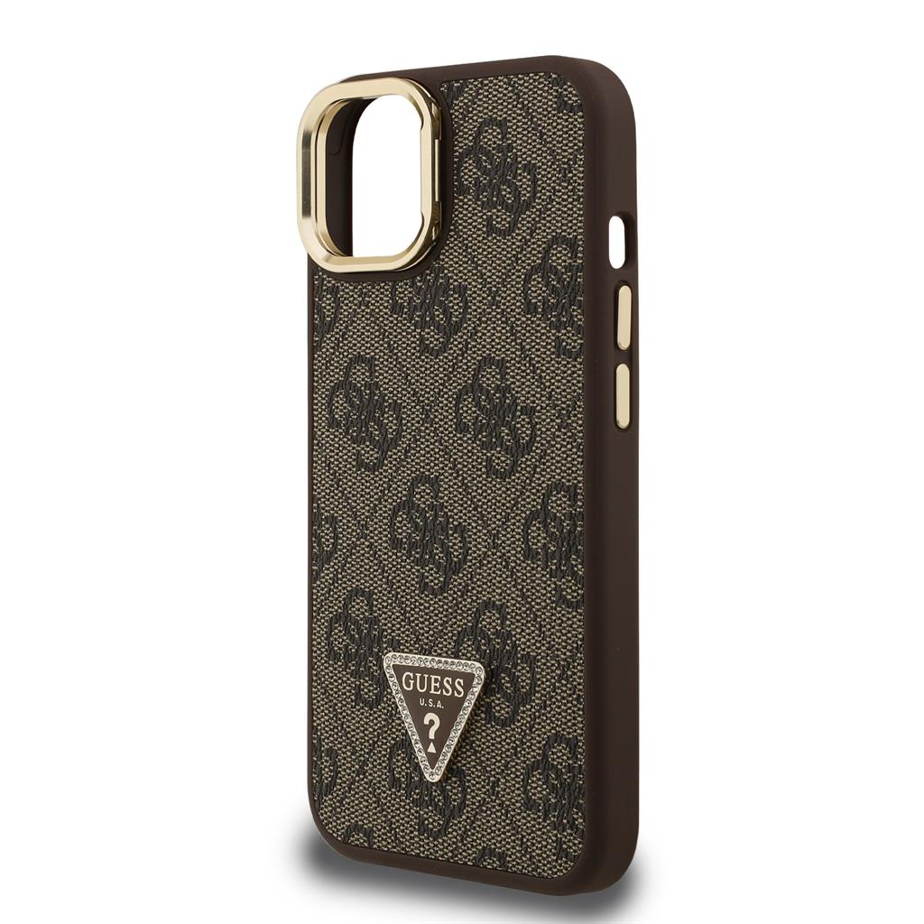 Apple iPhone 15 Guess PU 4G Strass Triangle Logo Stand Camera Frame MagSafe tok (Barna) - GUHMP15SPCS4GPTW