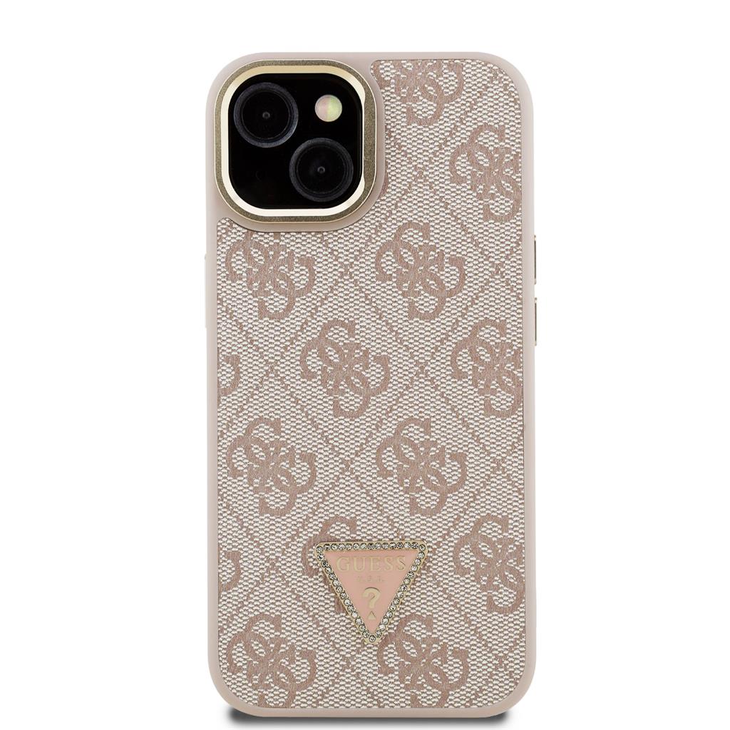 Apple iPhone 15 Guess PU 4G Strass Triangle Logo Stand Camera Frame MagSafe tok (Rózsaszín) - GUHMP15SPCS4GPTP