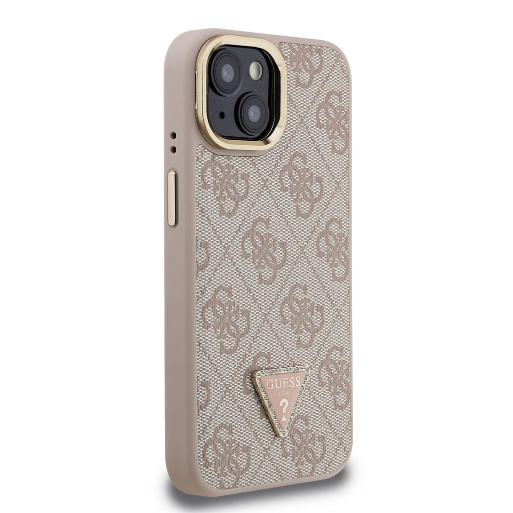 Apple iPhone 15 Guess PU 4G Strass Triangle Logo Stand Camera Frame MagSafe tok (Rózsaszín) - GUHMP15SPCS4GPTP