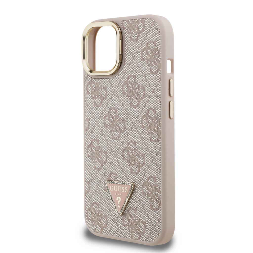 Apple iPhone 15 Guess PU 4G Strass Triangle Logo Stand Camera Frame MagSafe tok (Rózsaszín) - GUHMP15SPCS4GPTP