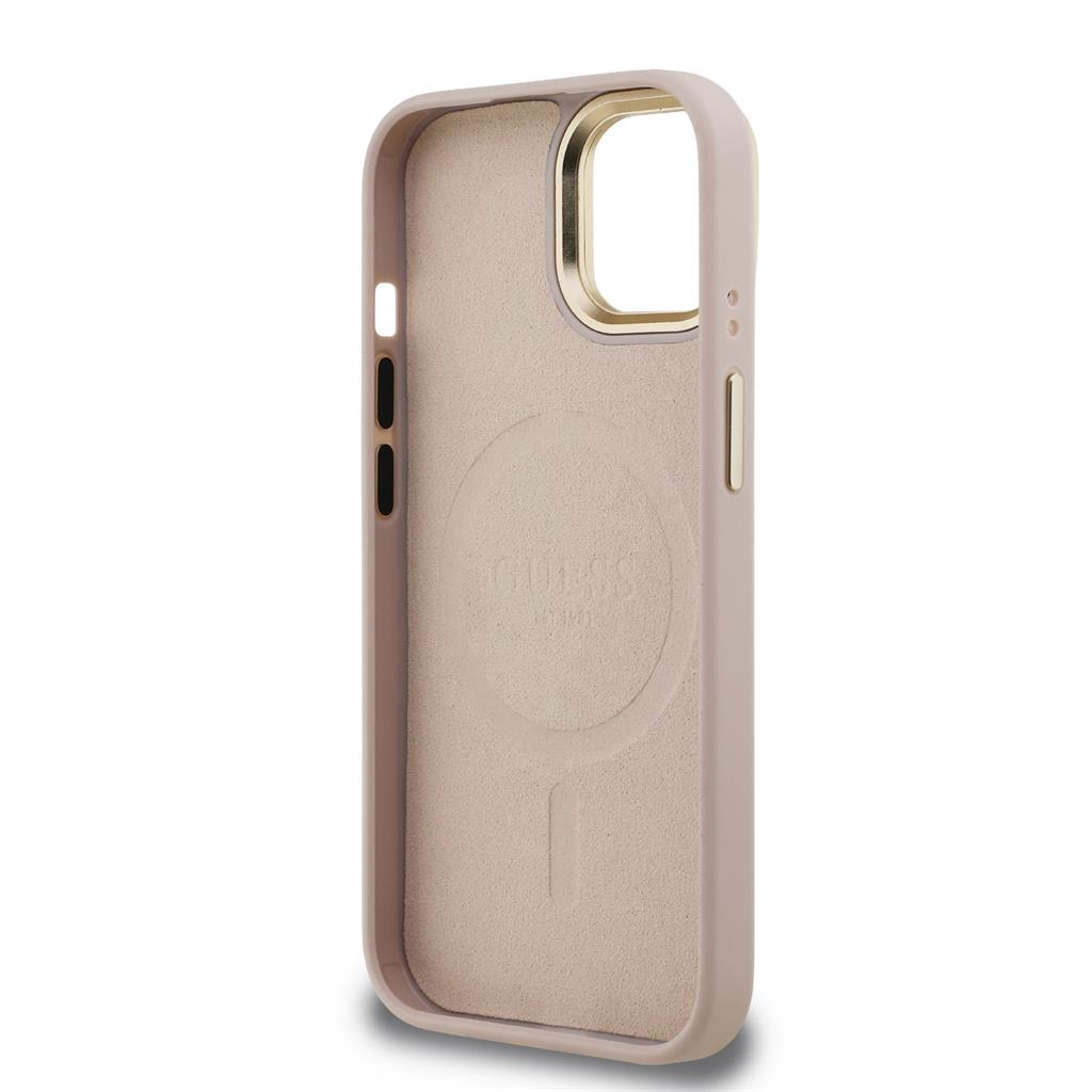 Apple iPhone 15 Guess PU 4G Strass Triangle Logo Stand Camera Frame MagSafe tok (Rózsaszín) - GUHMP15SPCS4GPTP