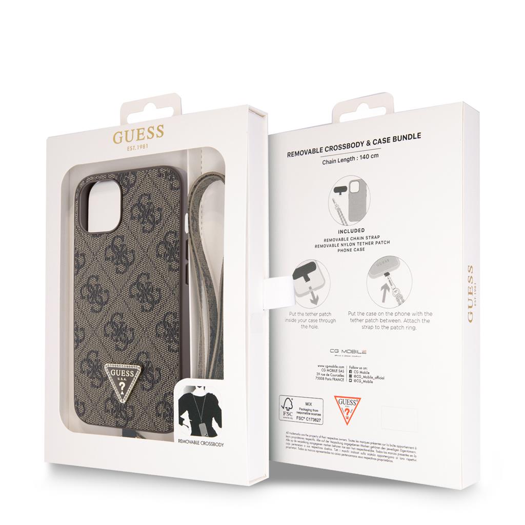 Apple iPhone 15 Guess PU 4G Strass Triangle tok + Pánt (Barna) - GUHCP15SP4TDSCPW