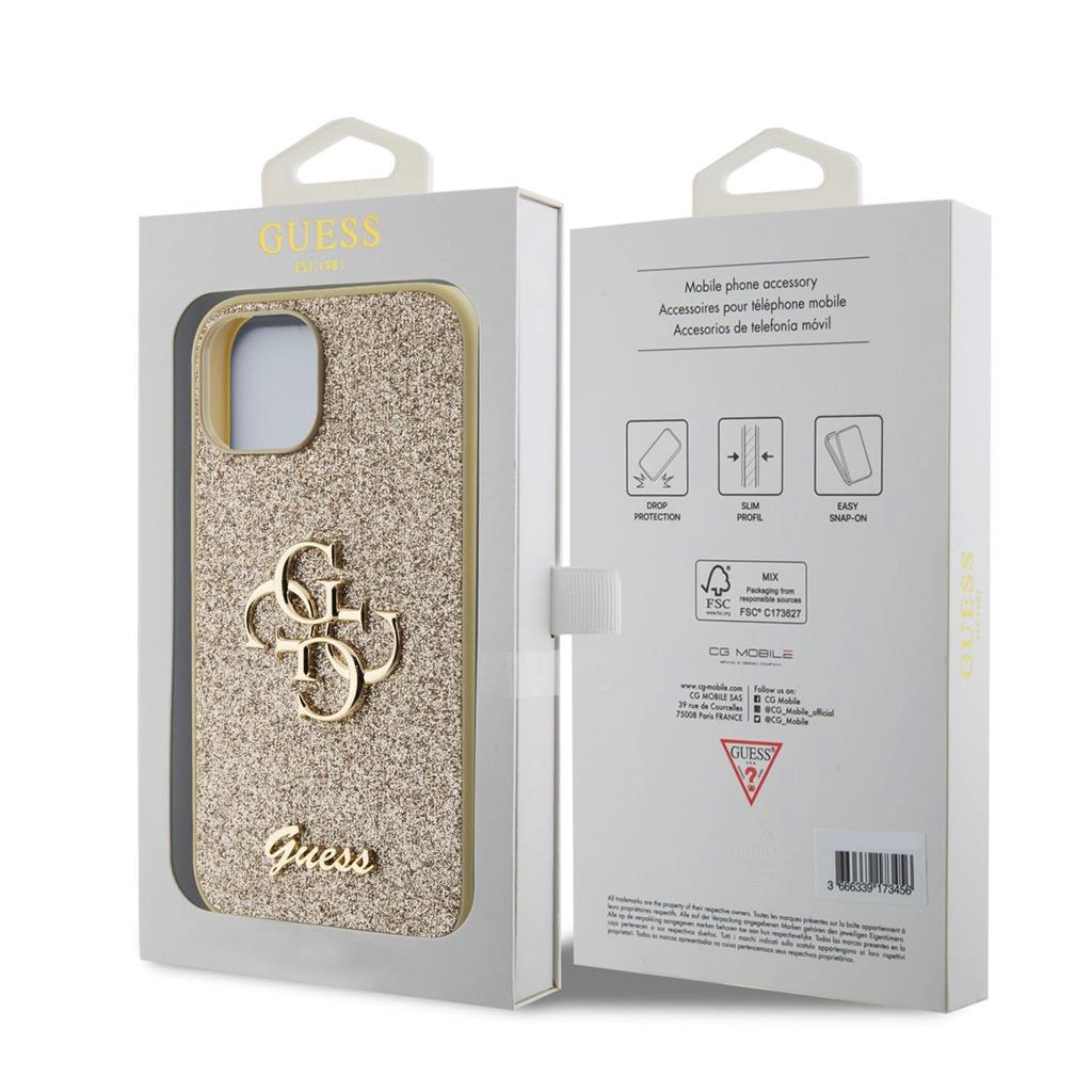 Apple iPhone 15 Guess PU Fixed Glitter 4G Metal Logo tok (Arany) - GUHCP15SHG4SGD