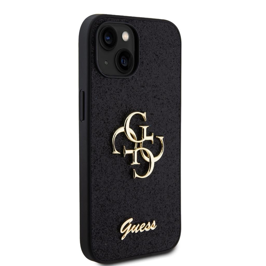 Apple iPhone 15 Guess PU Fixed Glitter 4G Metal Logo tok (Fekete) - GUHCP15SHG4SGK