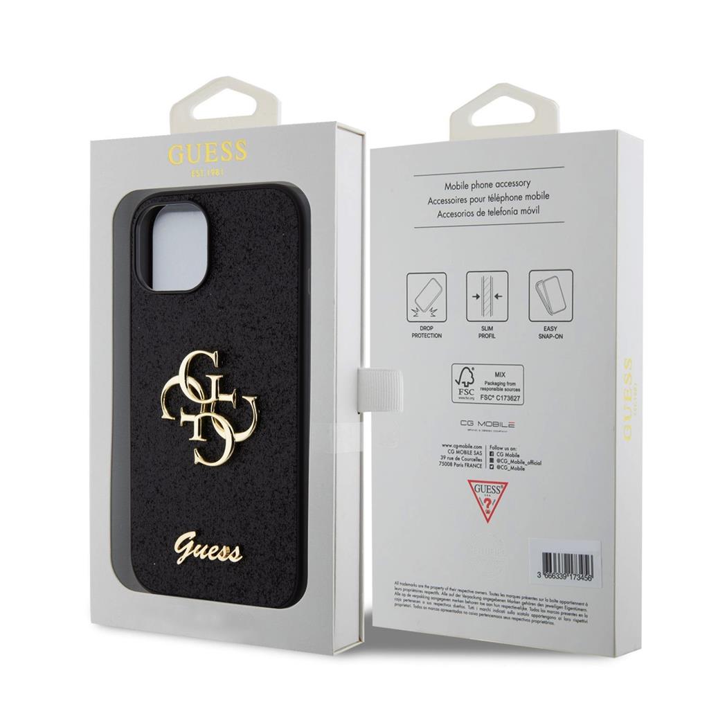 Apple iPhone 15 Guess PU Fixed Glitter 4G Metal Logo tok (Fekete) - GUHCP15SHG4SGK
