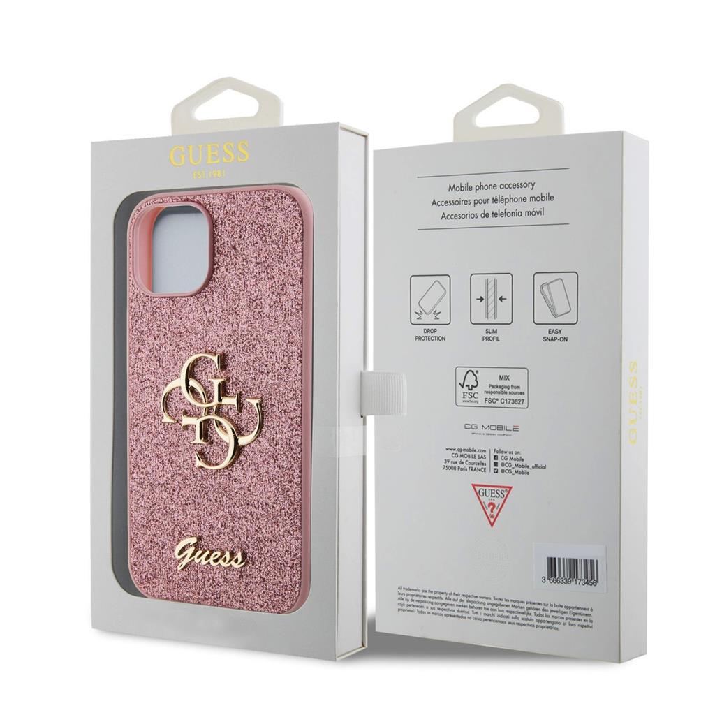Apple iPhone 15 Guess PU Fixed Glitter 4G Metal Logo tok (Rózsaszín) - GUHCP15SHG4SGP