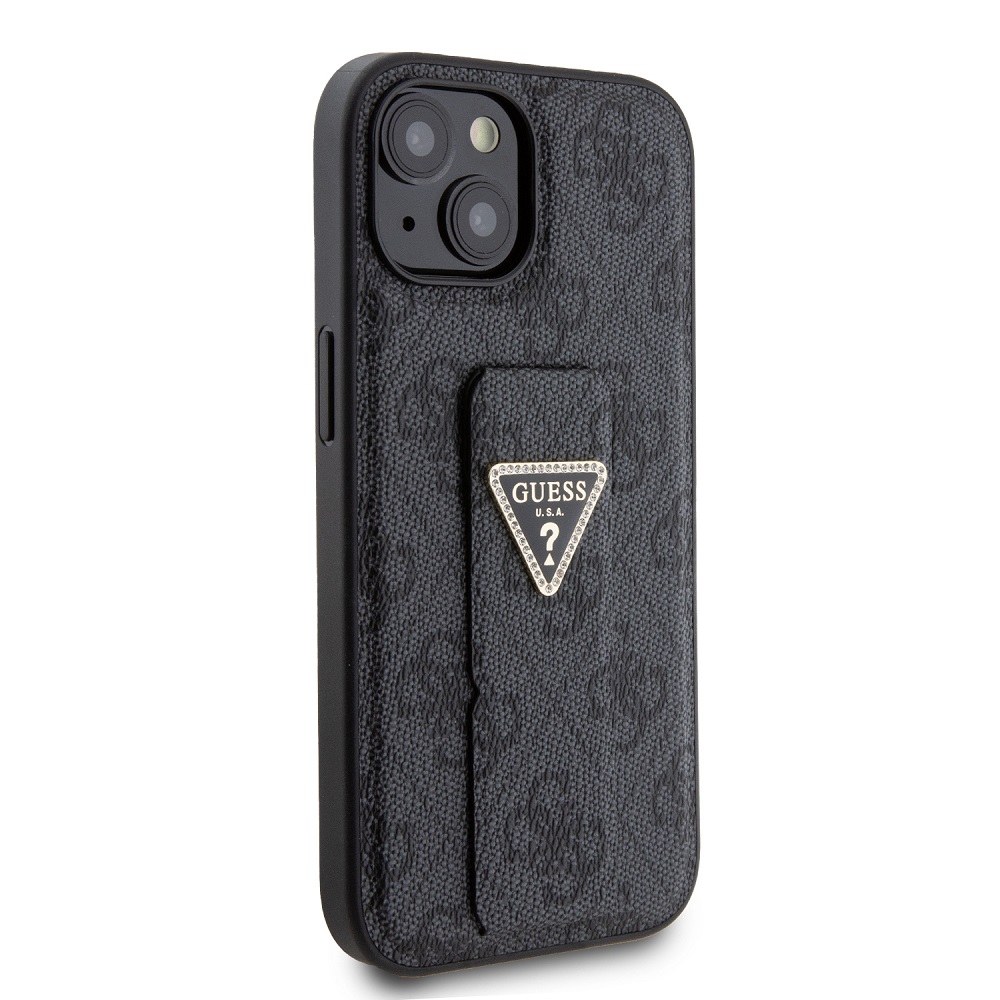 Apple iPhone 15 Guess PU Grip Stand Strass Triangle tok (Fekete) - GUHCP15SPGS4TDK