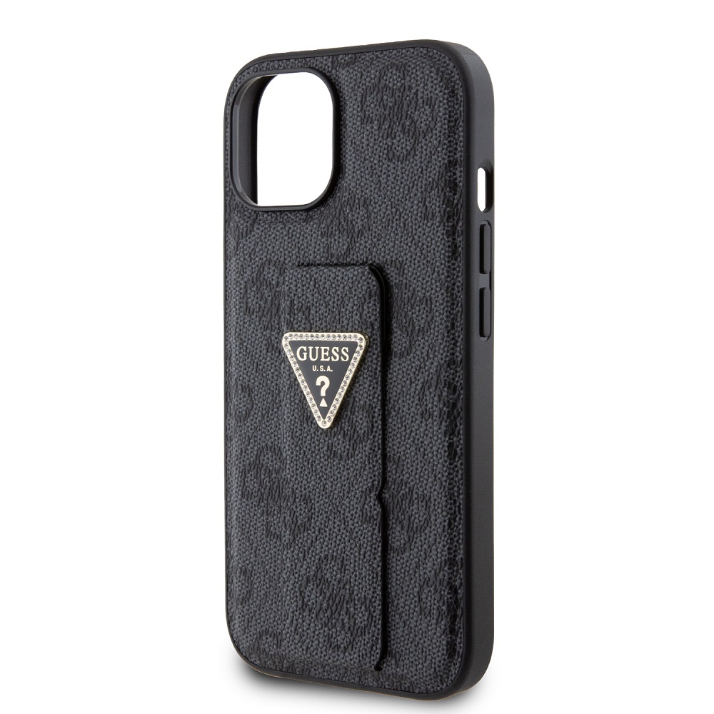 Apple iPhone 15 Guess PU Grip Stand Strass Triangle tok (Fekete) - GUHCP15SPGS4TDK