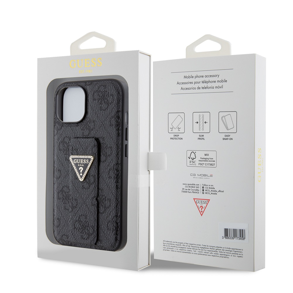 Apple iPhone 15 Guess PU Grip Stand Strass Triangle tok (Fekete) - GUHCP15SPGS4TDK