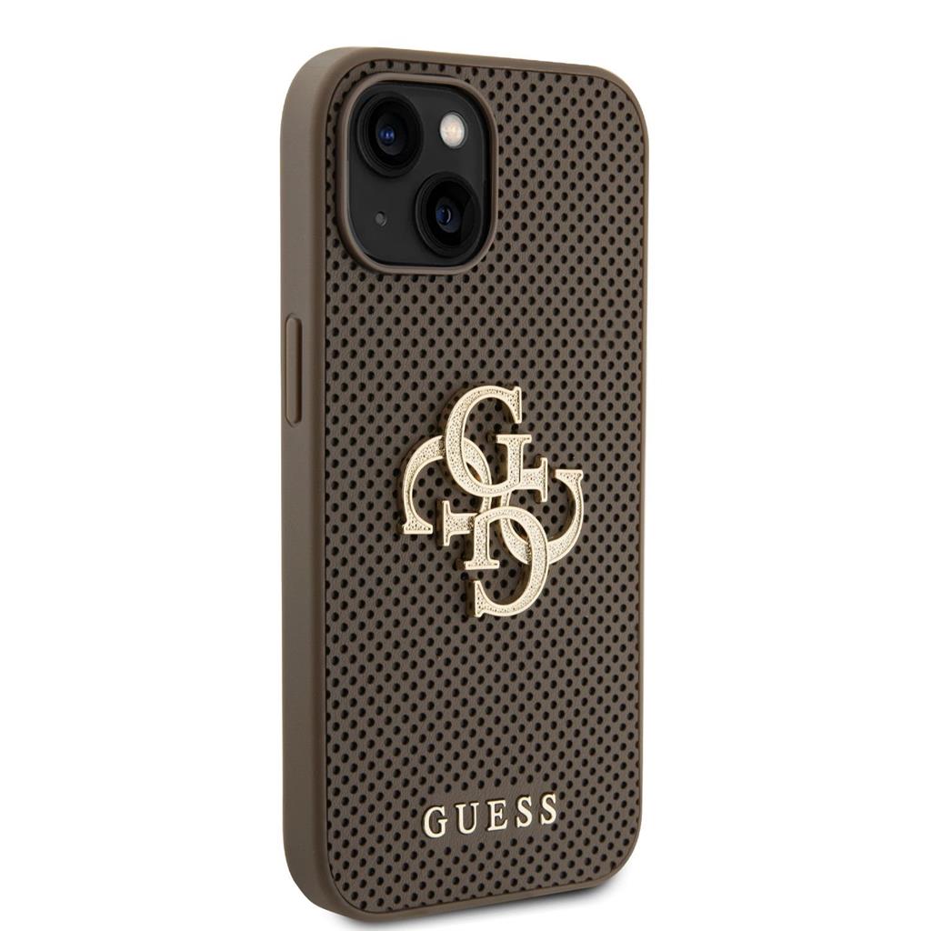 Apple iPhone 15 Guess PU Perforált 4G Glitter Metal Logo tok (Taupe) - GUHCP15SPSP4LGE