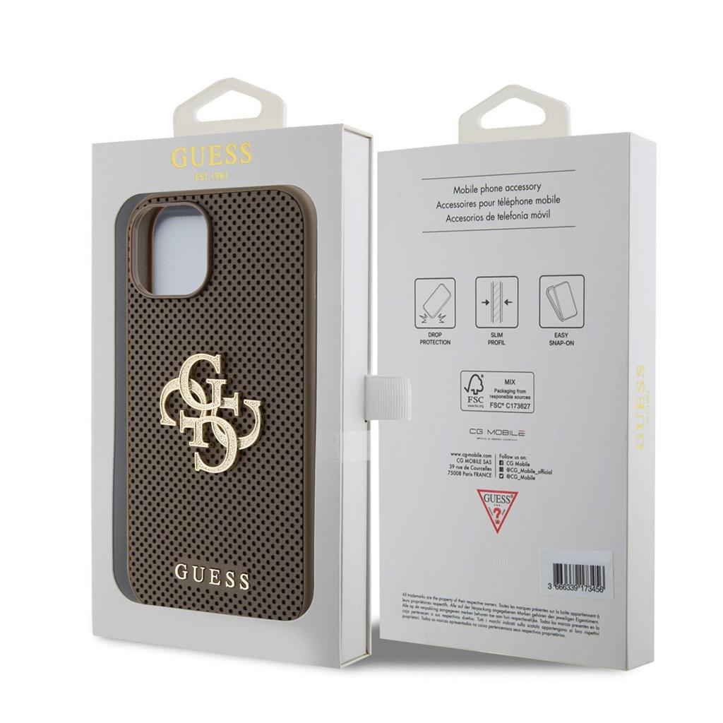 Apple iPhone 15 Guess PU Perforált 4G Glitter Metal Logo tok (Taupe) - GUHCP15SPSP4LGE