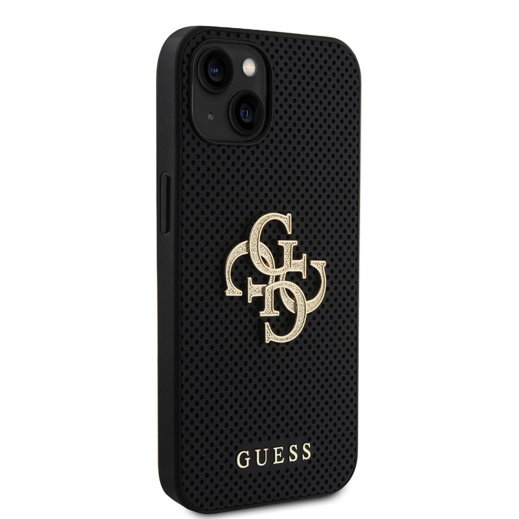 Apple iPhone 15 Guess PU Perforált 4G Glitter Metal Logo tok (Fekete) - GUHCP15SPSP4LGK