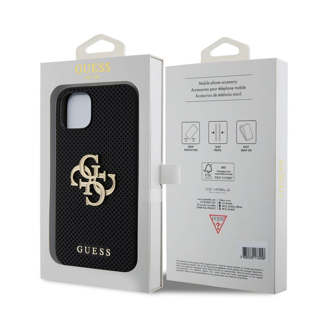 Apple iPhone 15 Guess PU Perforált 4G Glitter Metal Logo tok (Fekete) - GUHCP15SPSP4LGK