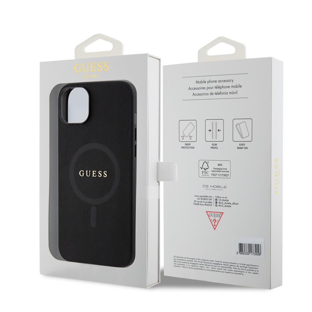 Apple iPhone 15 Guess PU Saffiano MagSafe tok (Fekete) - GUHMP15SPSAHMCK