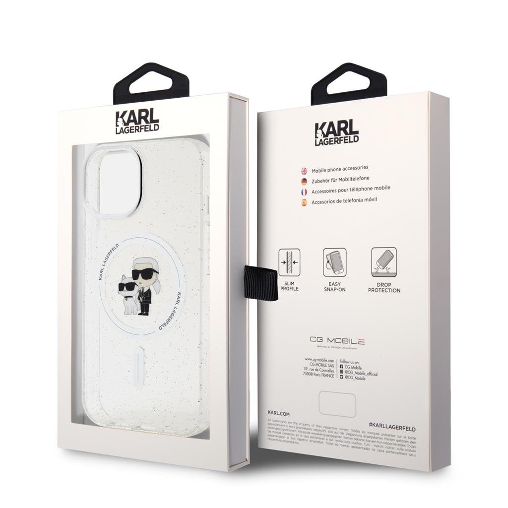 Apple iPhone 15 Karl Lagerfeld IML Glitter Karl and Choupette MagSafe tok (Átlátszó) – KLHMP15SHGKCNOT