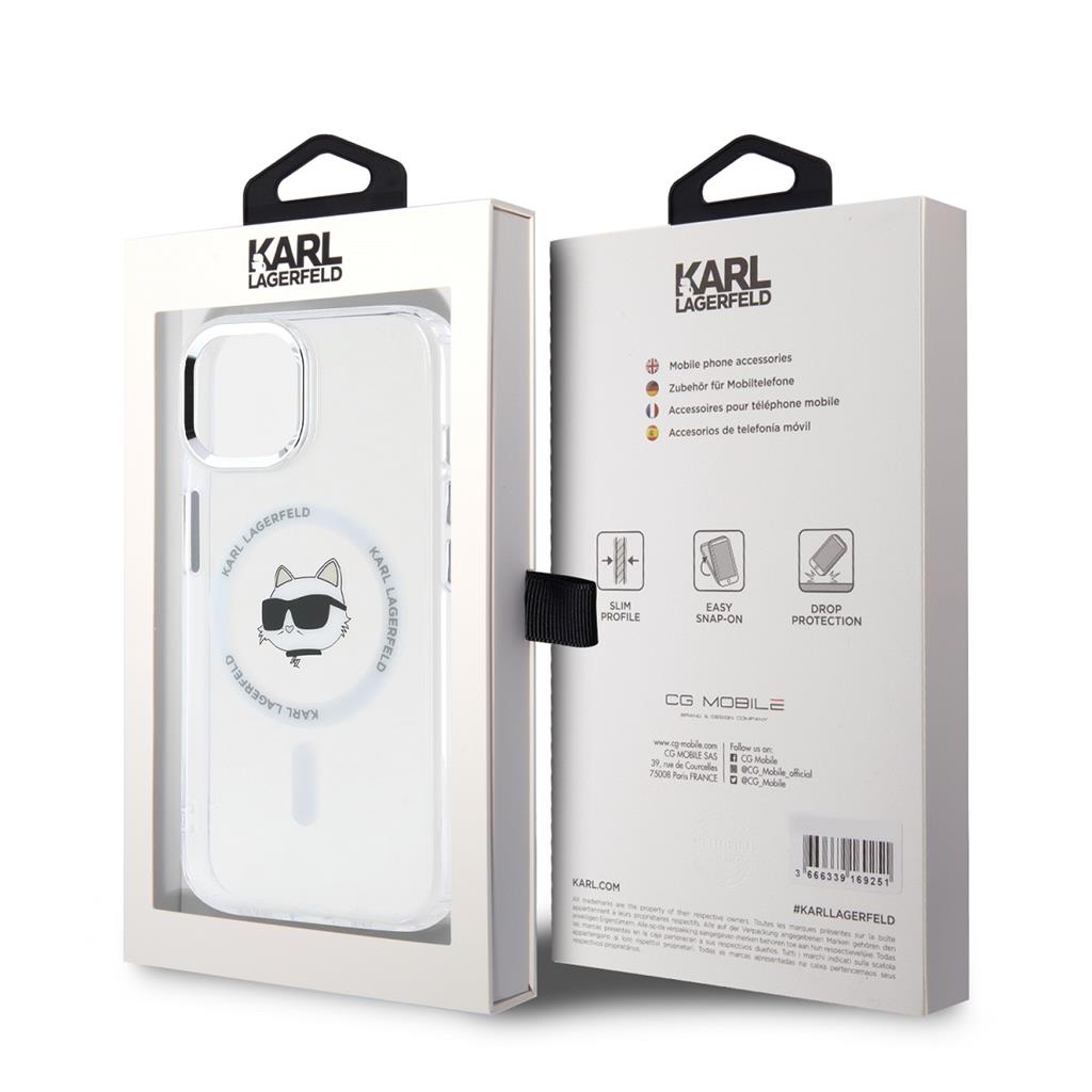 Apple iPhone 15 Karl Lagerfeld IML Choupette Head Metal Frame MagSafe tok (Átlátszó) – KLHMP15SHLSCHH