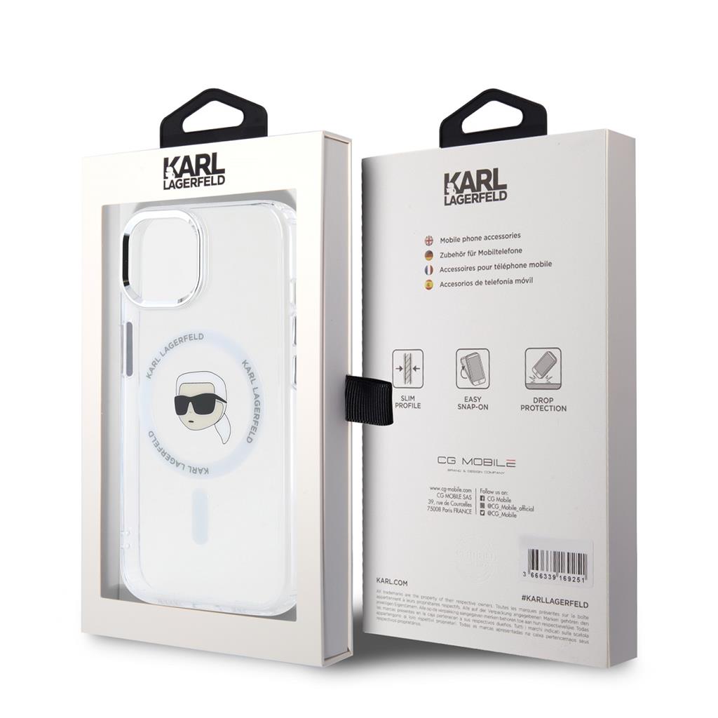Apple iPhone 15 Karl Lagerfeld IML Karl Head Metal Frame MagSafe tok (Átlátszó) – KLHMP15SHLSKIH