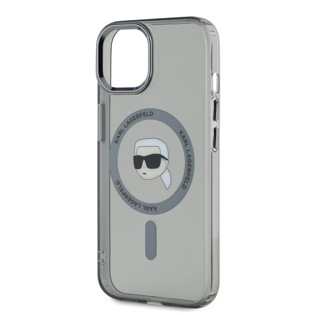 Apple iPhone 15 Karl Lagerfeld IML Karl Head Metal Frame MagSafe tok (Fekete) – KLHMP15SHLSKIK