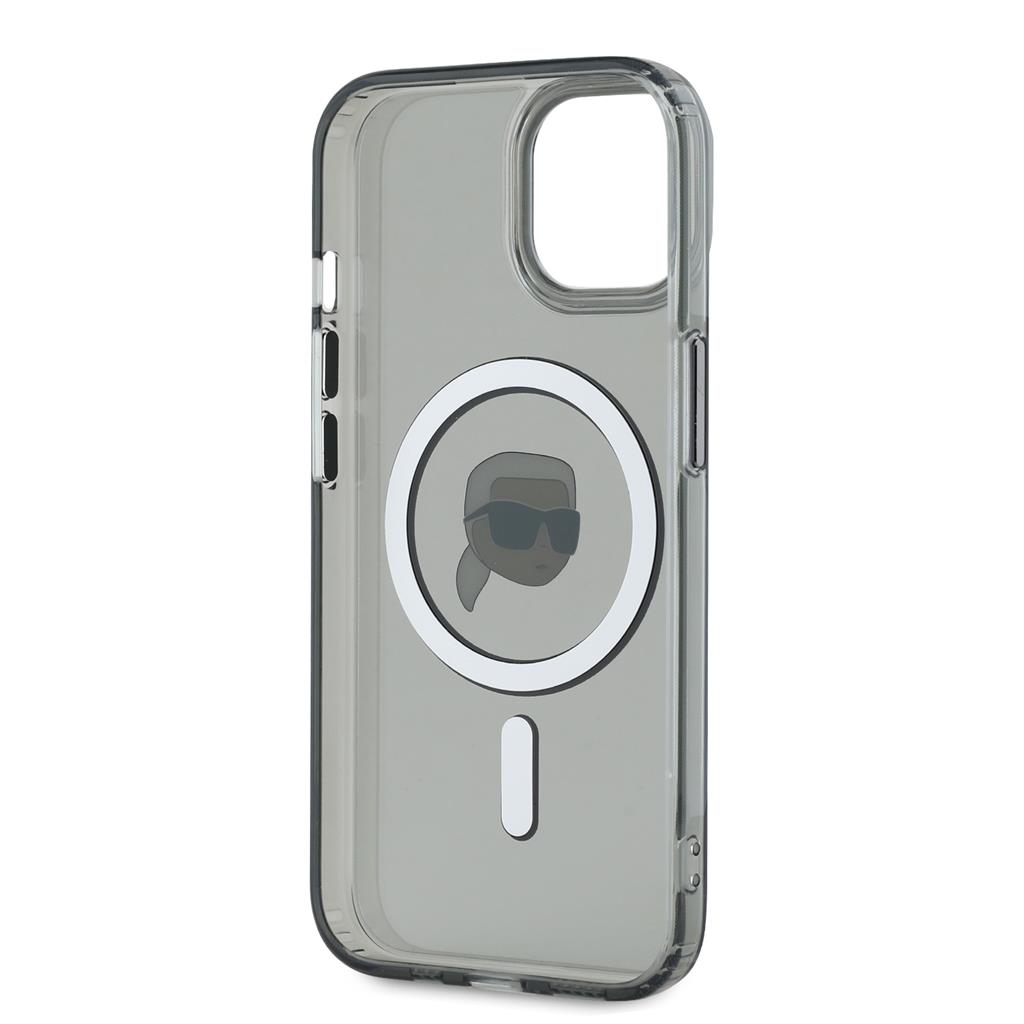 Apple iPhone 15 Karl Lagerfeld IML Karl Head Metal Frame MagSafe tok (Fekete) – KLHMP15SHLSKIK