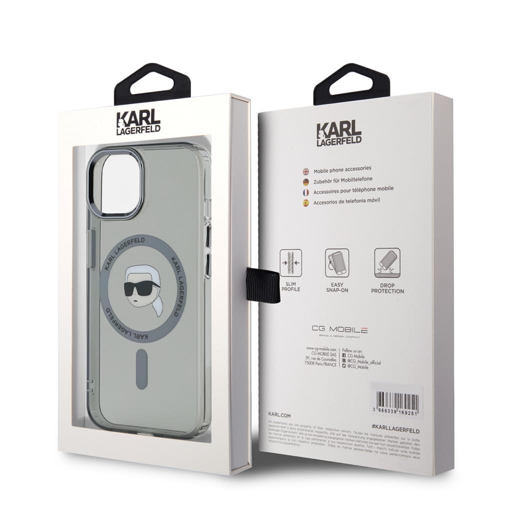 Apple iPhone 15 Karl Lagerfeld IML Karl Head Metal Frame MagSafe tok (Fekete) – KLHMP15SHLSKIK