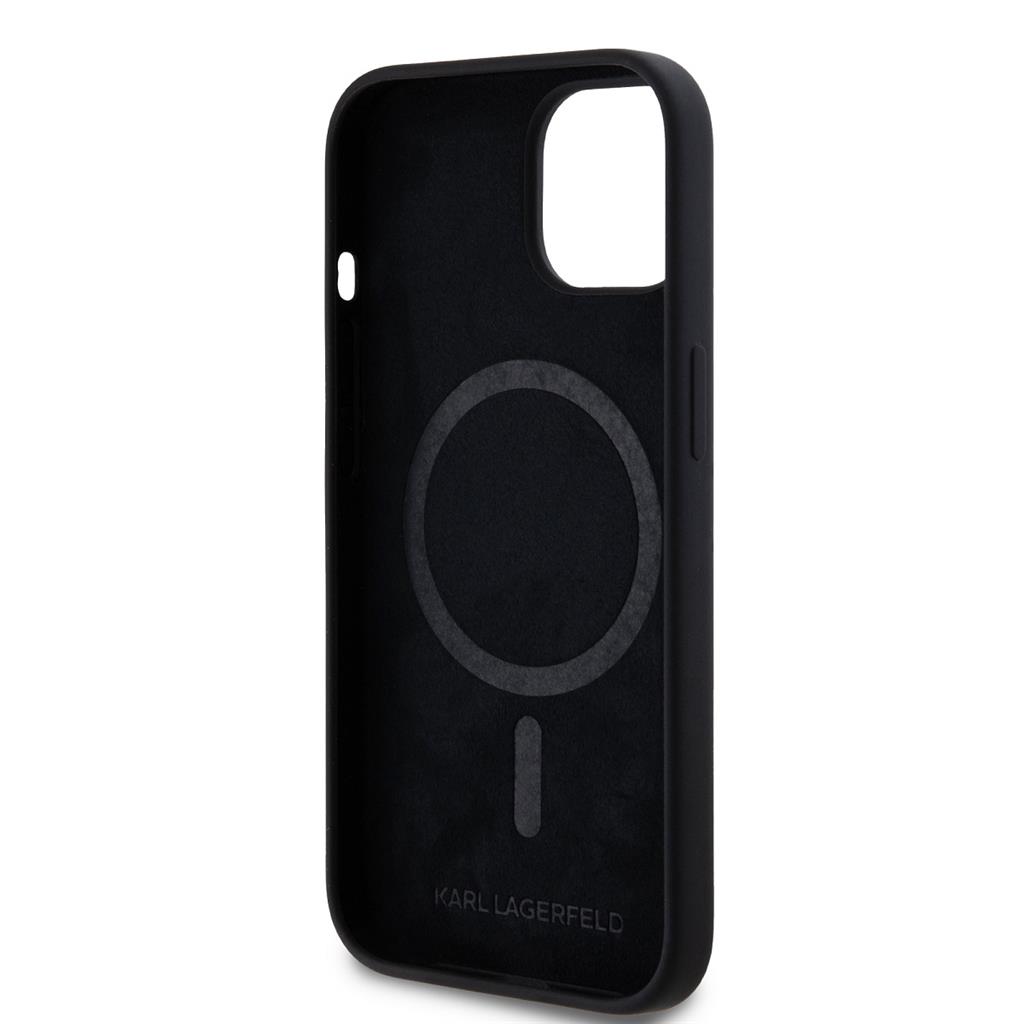 Apple iPhone 15 Black Karl Lagerfeld Liquid Silicone Double Heads MagSafe tok (Fekete) – KLHMP15SSKCHPPLK