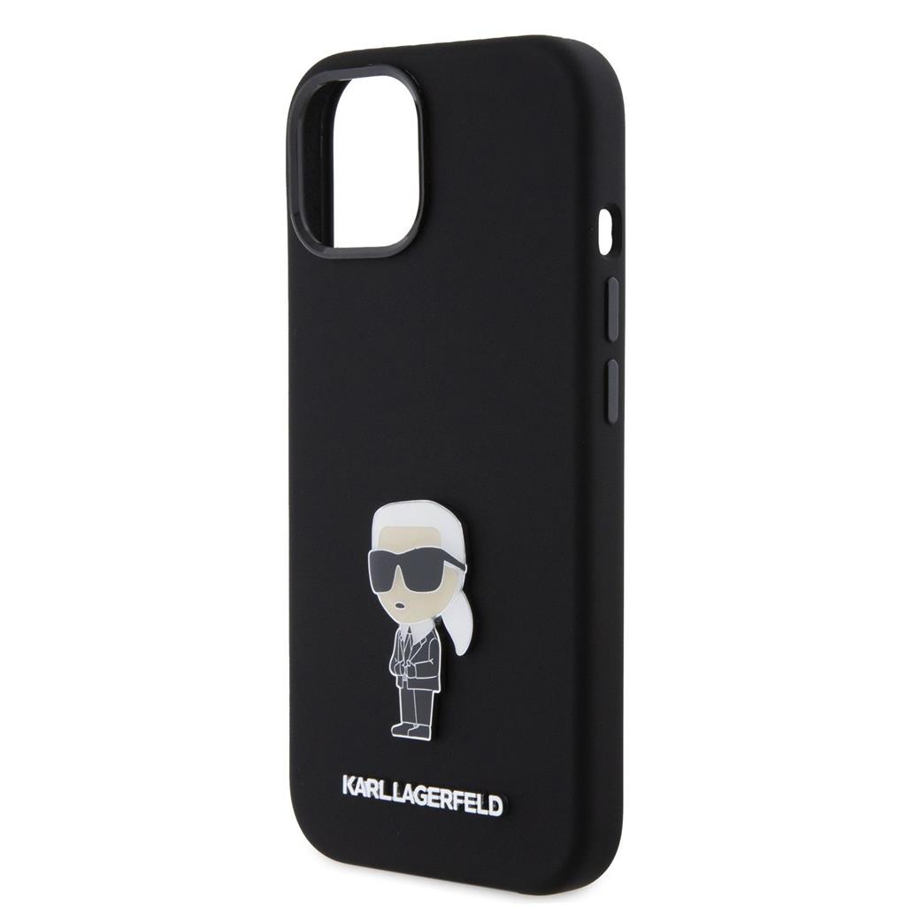 Apple iPhone 15 Black Karl Lagerfeld Liquid Silicone Metal Ikonik tok (Fekete) – KLHCP15SSMHKNPK