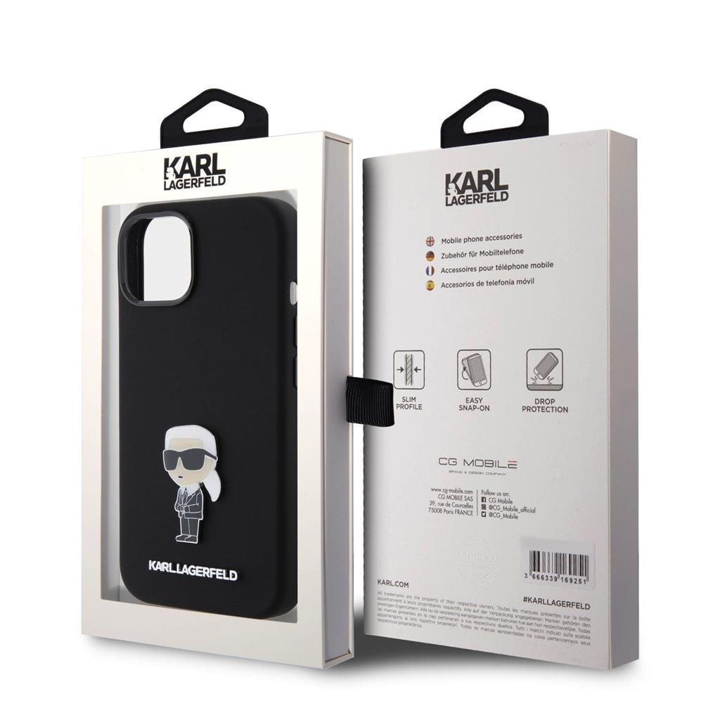 Apple iPhone 15 Black Karl Lagerfeld Liquid Silicone Metal Ikonik tok (Fekete) – KLHCP15SSMHKNPK