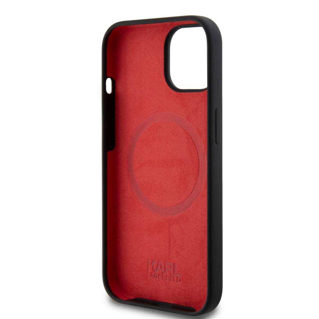 Apple iPhone 15 Black Karl Lagerfeld Liquid Silicone Plaque MagSafe tok (Fekete) – KLHMP15SSLMP1K