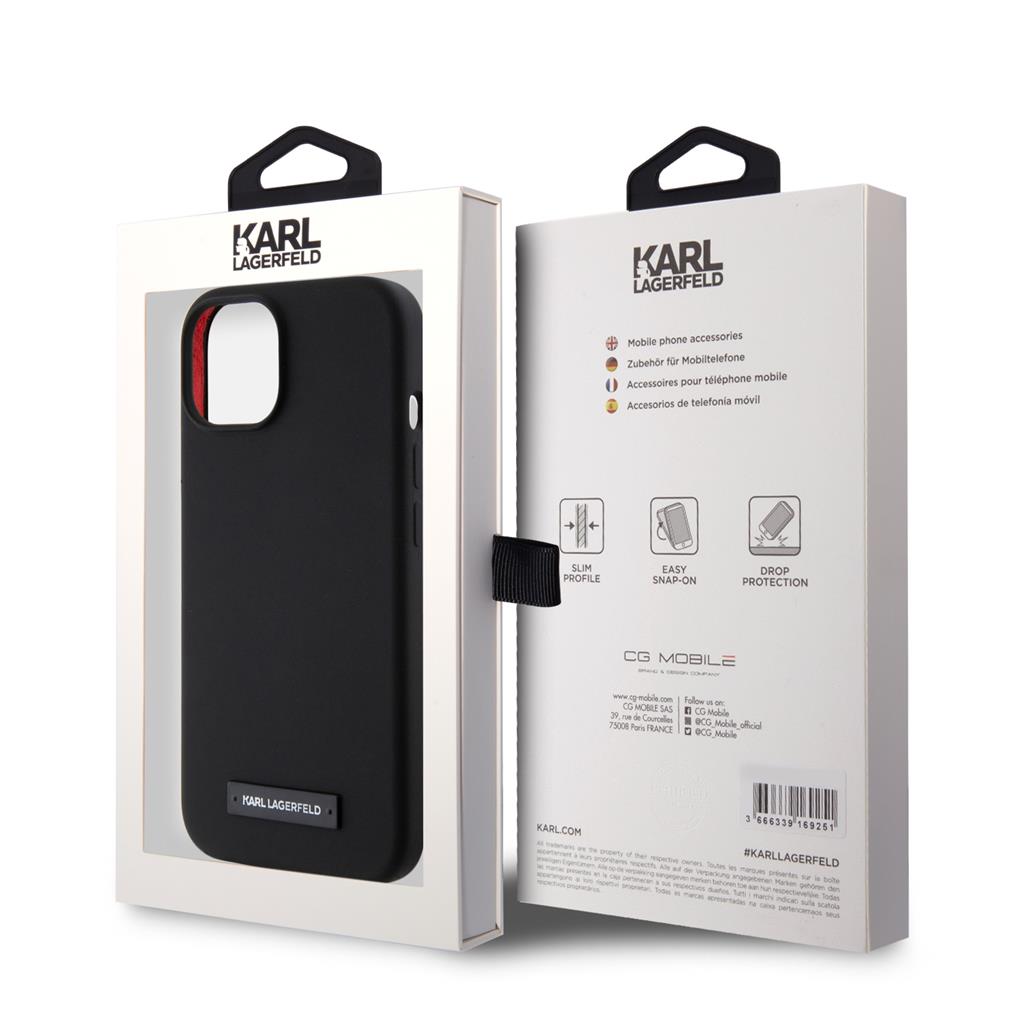 Apple iPhone 15 Black Karl Lagerfeld Liquid Silicone Plaque MagSafe tok (Fekete) – KLHMP15SSLMP1K