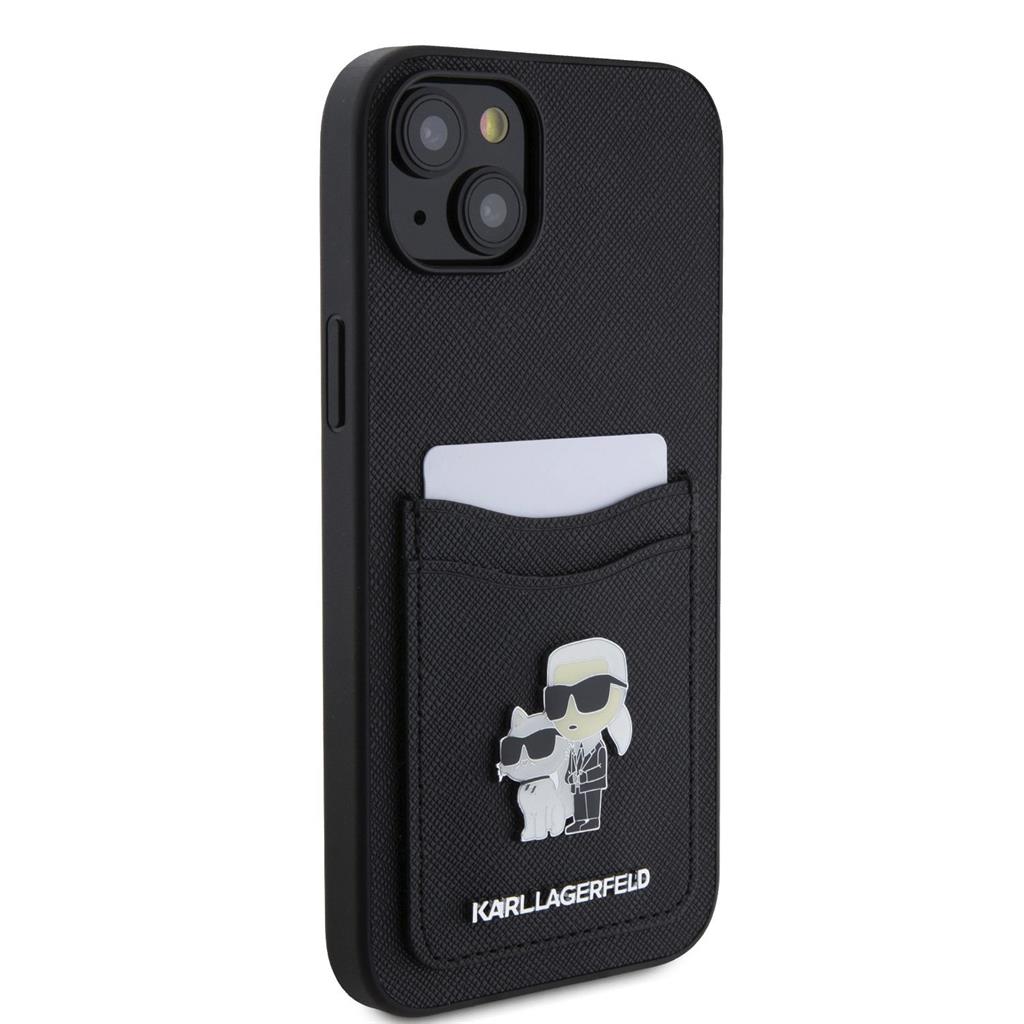 Apple iPhone 15 Karl Lagerfeld PU Saffiano Card Slot Metal Karl and Choupette tok (Fekete) – KLHCP15SSAPKCNPK