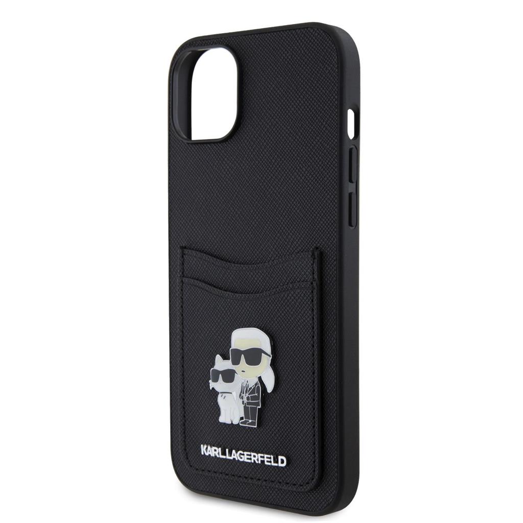 Apple iPhone 15 Karl Lagerfeld PU Saffiano Card Slot Metal Karl and Choupette tok (Fekete) – KLHCP15SSAPKCNPK