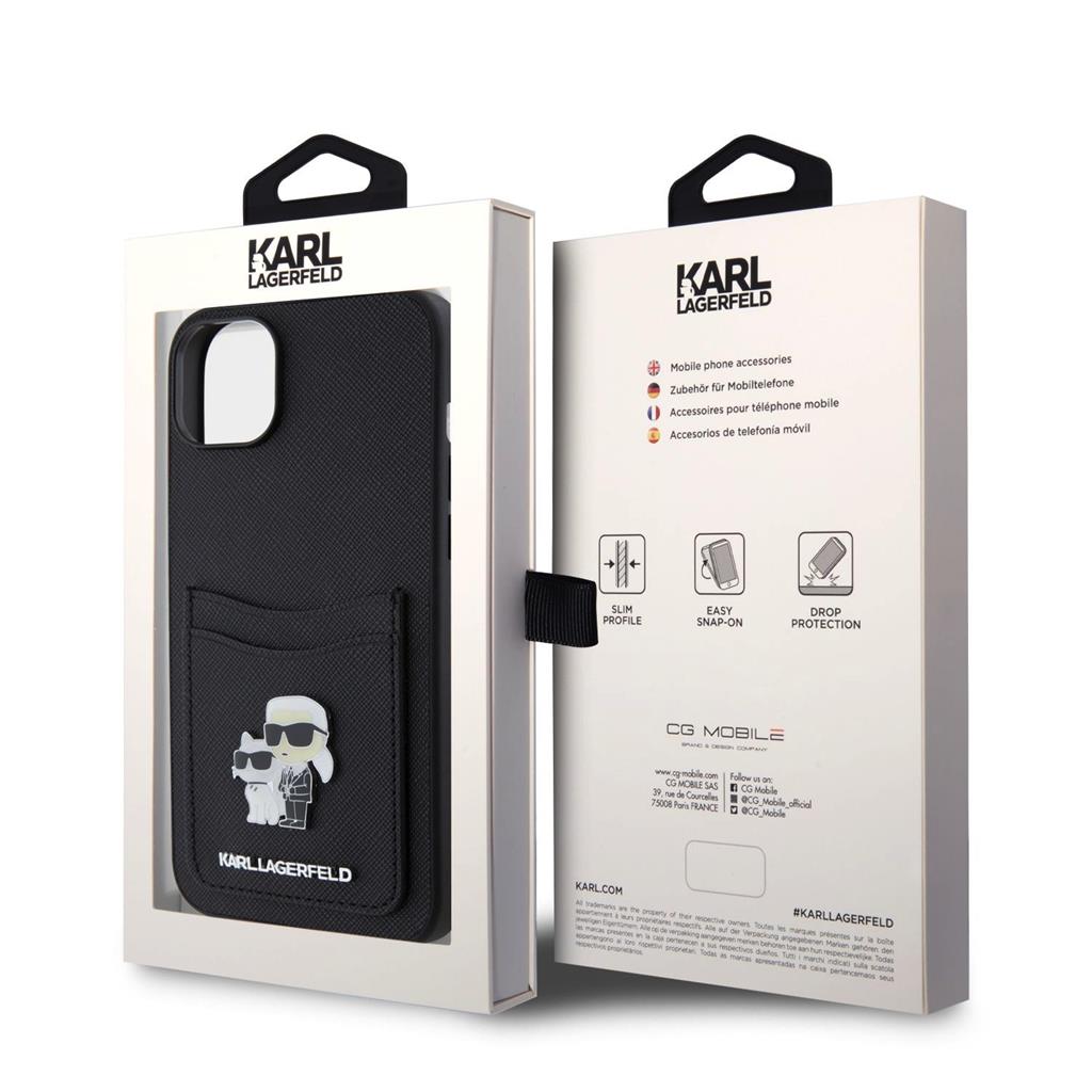 Apple iPhone 15 Karl Lagerfeld PU Saffiano Card Slot Metal Karl and Choupette tok (Fekete) – KLHCP15SSAPKCNPK