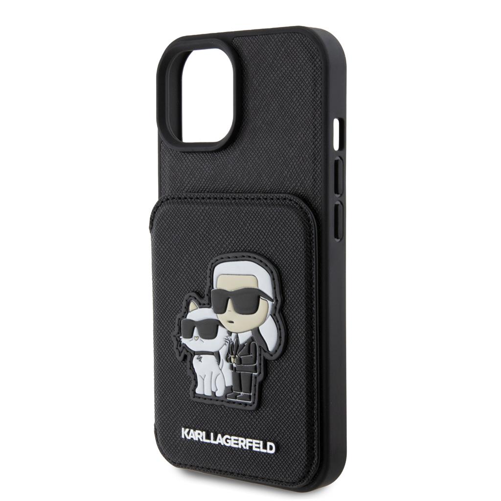 Apple iPhone 15 Karl Lagerfeld PU Saffiano Card Slot Stand Karl and Choupette tok (Fekete) – KLHCP15SSAKCSCK